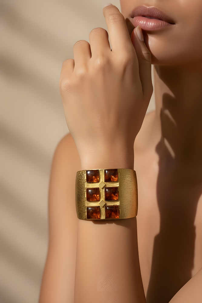 Vintage Chunky AMBER Lucite Gold Cuff Bracelet