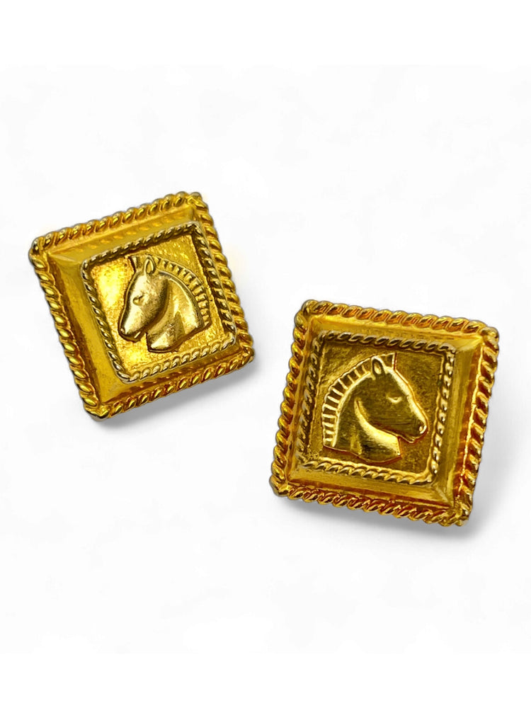 Vintage 90's ESCADA Equestrian Gold Square Earrings