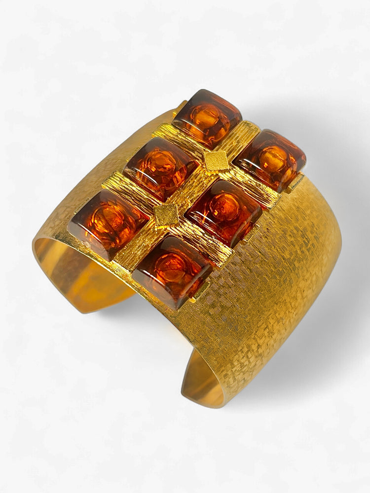 Vintage Chunky AMBER Lucite Gold Cuff Bracelet