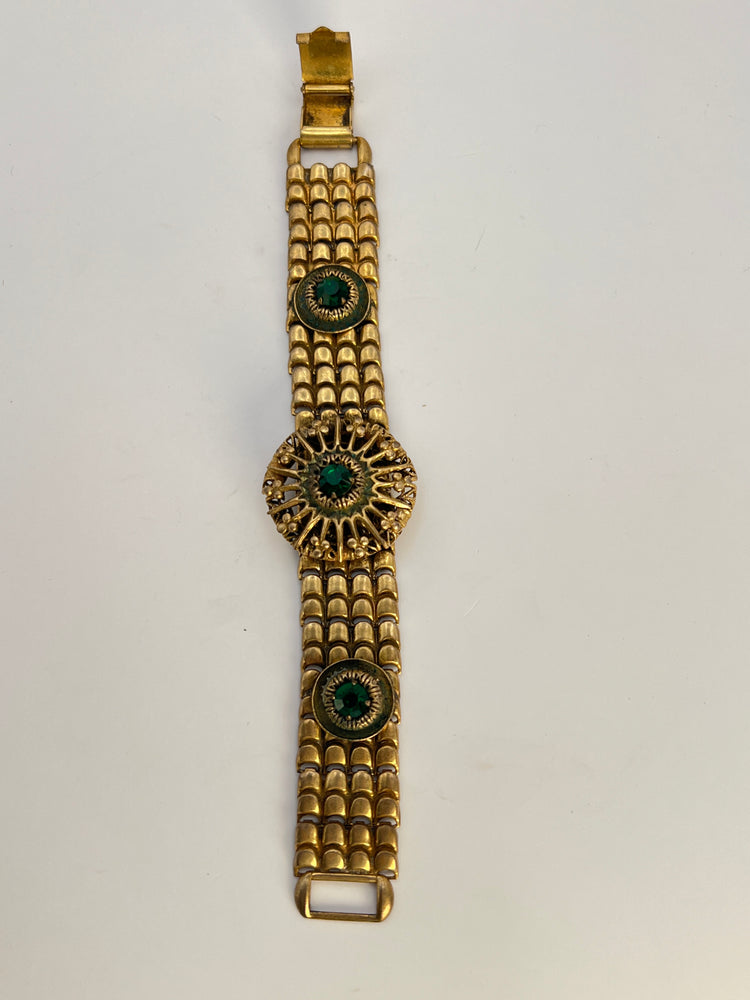 Victorian Revival Chunky EMERALD Glass Panel Bracelet