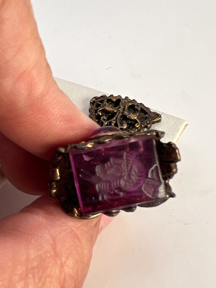 Victorian Ornate Filigree INTAGLIO Purple Glass Earrings