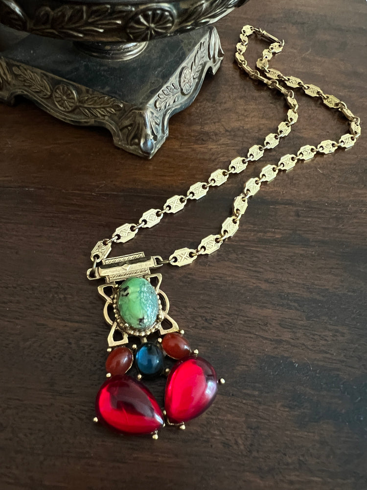 Antique EGYPTIAN REVIVAL Glass & Scarab Stone Necklace