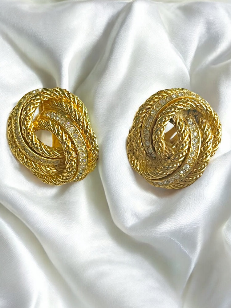 Vintage 70's CHRISTIAN DIOR Gold Knot Crystal Earrings