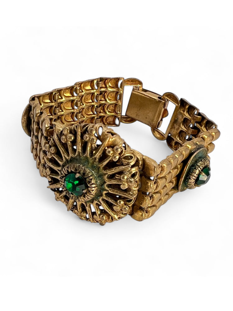 Victorian Revival Chunky EMERALD Glass Panel Bracelet