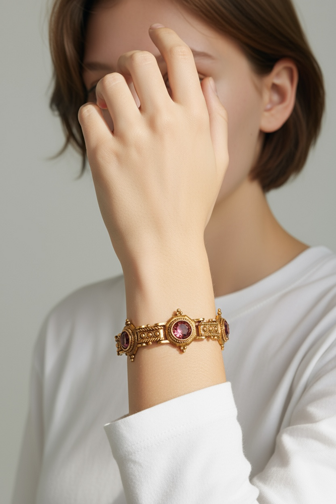 Art Deco Revival Ornate AMETHYST Glass Panel Bracelet