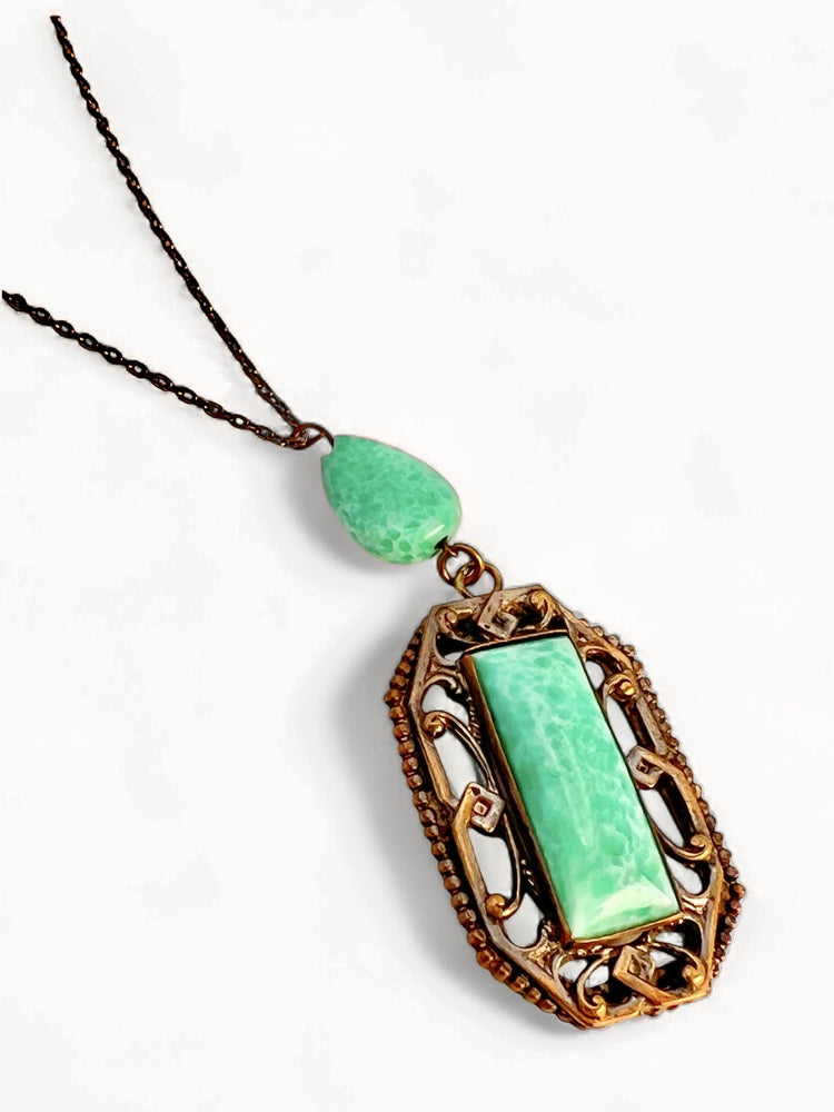 1930's Art Deco PEKING GLASS Ornate Pendant Necklace