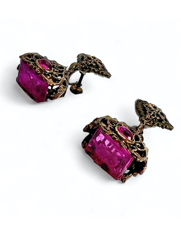 Victorian Ornate Filigree INTAGLIO Purple Glass Earrings