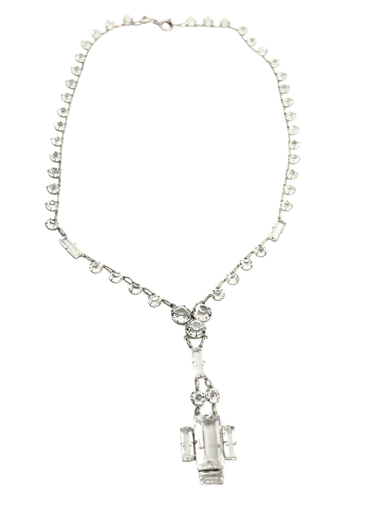 1920's Art Deco Sterling Silver Crystal RIVIERE LAVALIER Necklace