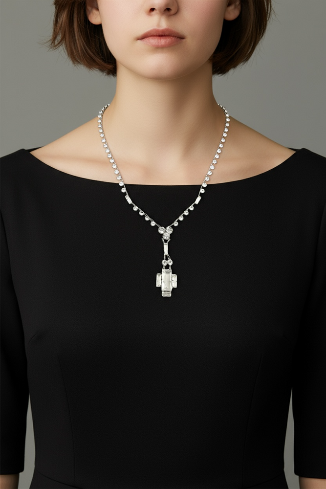 1920's Art Deco Sterling Silver Crystal RIVIERE LAVALIER Necklace