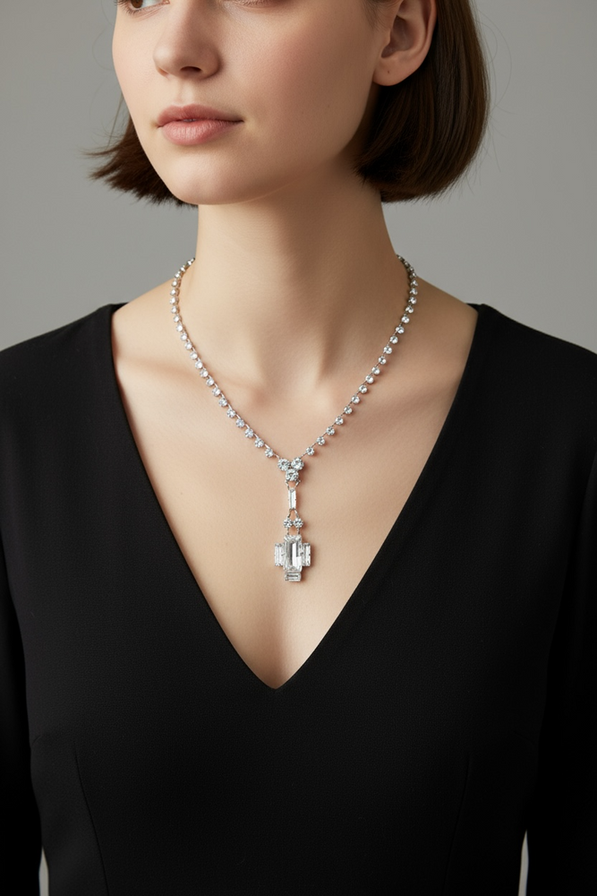1920's Art Deco Sterling Silver Crystal RIVIERE LAVALIER Necklace
