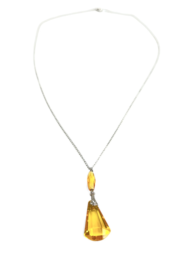1930's Sterling Silver CITRINE Glass Lavalier Necklace