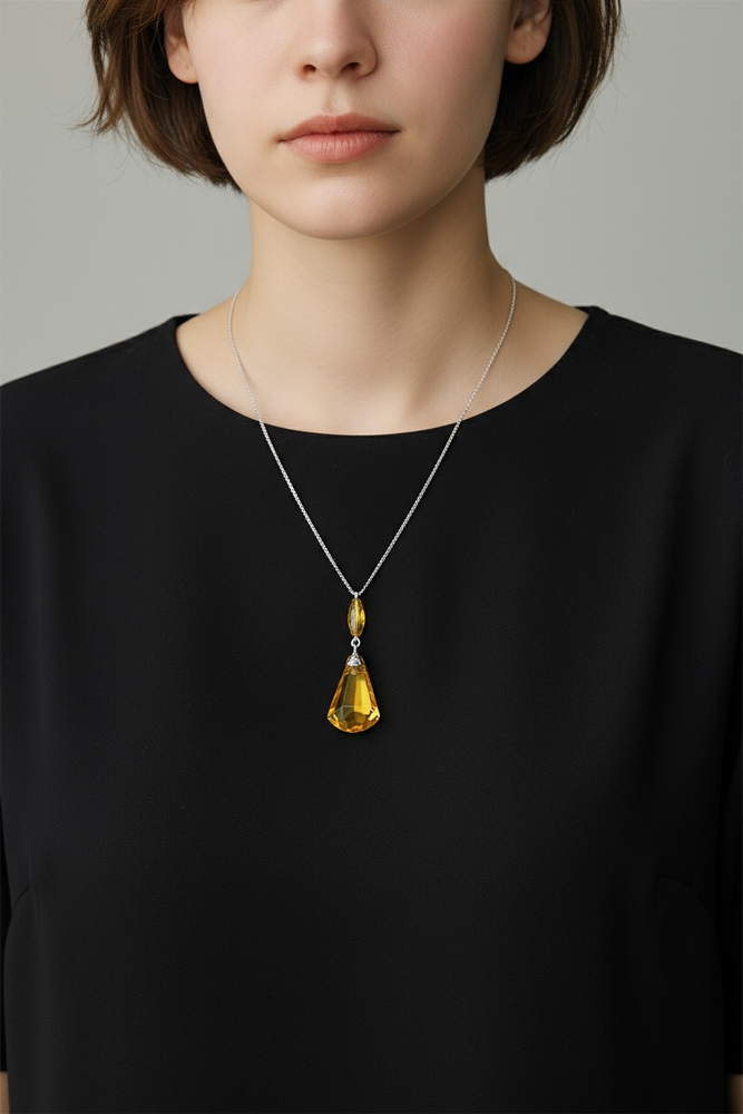 1930's Sterling Silver CITRINE Glass Lavalier Necklace