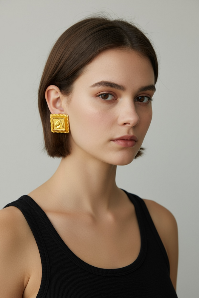 Vintage 90's ESCADA Equestrian Gold Square Earrings
