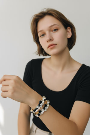 Vintage 80's WENDY GELL Black & White Crystal Bangle Bracelets (set)