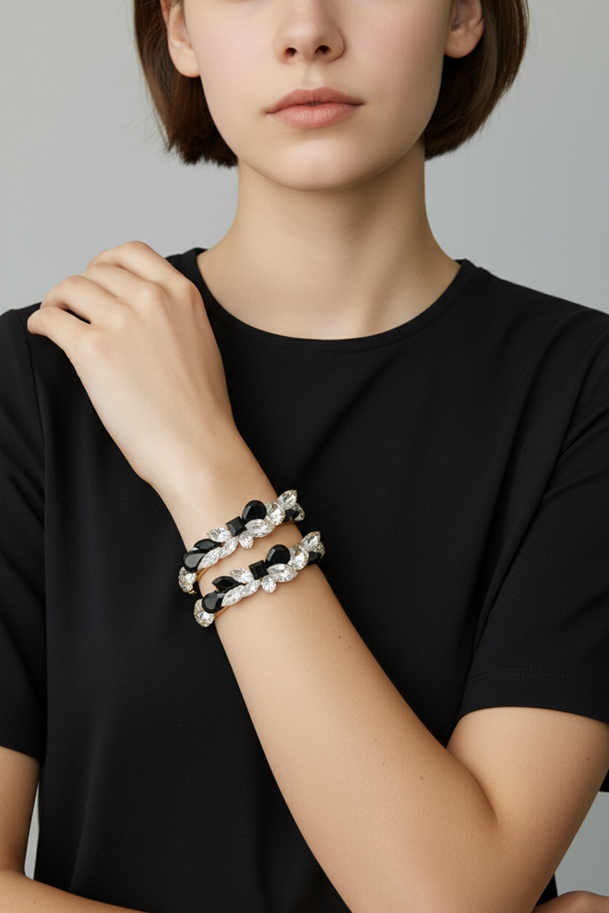 Vintage 80's WENDY GELL Black & White Crystal Bangle Bracelets (set)
